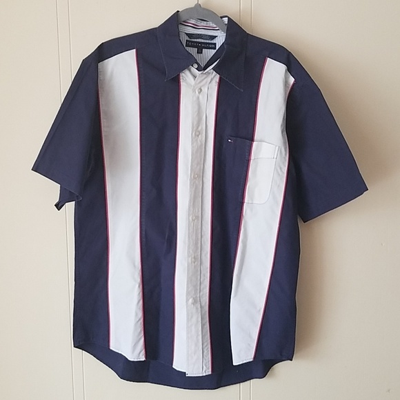 TOMMY Hilfiger LG button shirt flag striped colors - Picture 1 of 7